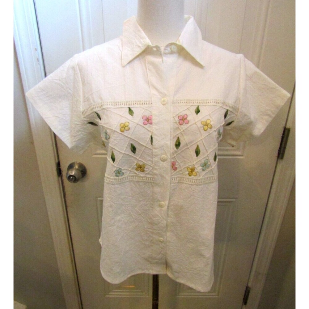 Landy Mexican Shirt Vintage Embroidered Floral Button Front Blouse 100% Cotton S - Picture 2 of 7